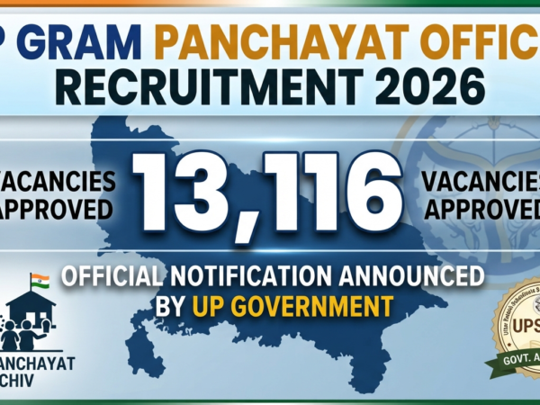 Official meeting header graphic showing the text approval for 13,116 UP Gram Panchayat Officer Recruitment 2026 posts under the Panchayati Raj Department.